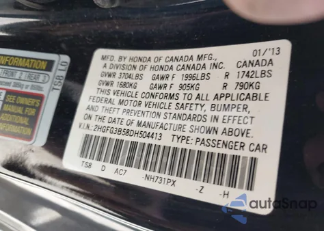 2013 Honda Civic Lx из США, поврежденный, VIN 2HGFG3B58DH504413